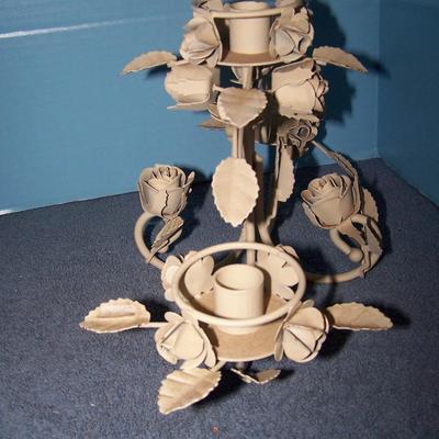 LOT 220 MCM METAL TOLEWARE PAIR FLOWER/ROSE LG CANDLEHOLDERS