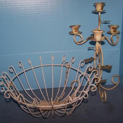 LOT 221 WONDERFUL MCM METAL TOLEWARE CANDLESTICK & HANGING BASKET