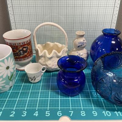 Blue glass and mugs