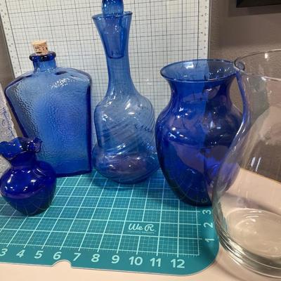 Large blue and clear glass vases
