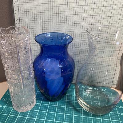 Large blue and clear glass vases