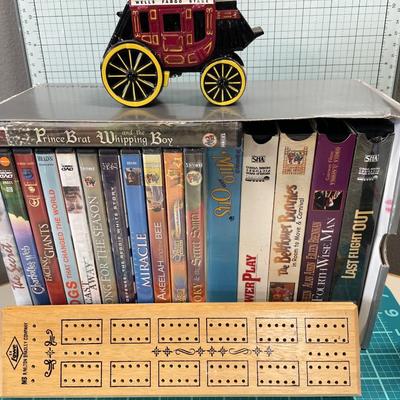 Cribbage board, bank and movies