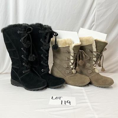 Lot A 119 Two Pair of Sporto Ladies Winter Boots, Suede Faux Fur - Black Size 8 & Tan Size 8.5