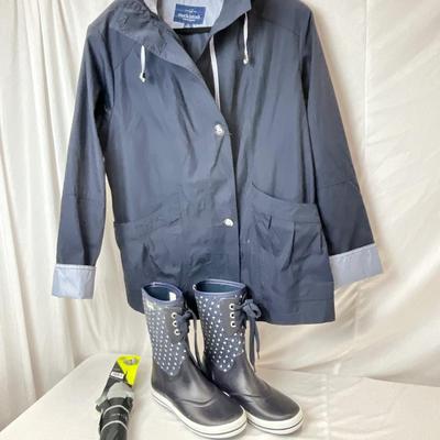 Lot C 121 Ladies Mackintosh New England Jacket, Ladies Kees Rain Boot (size9), & Misty Harbor Umbrella