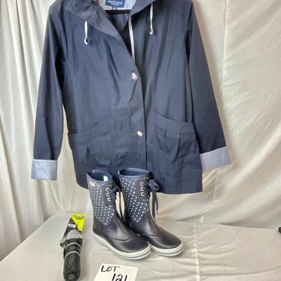 Lot C 121 Ladies Mackintosh New England Jacket, Ladies Kees Rain Boot (size9), & Misty Harbor Umbrella