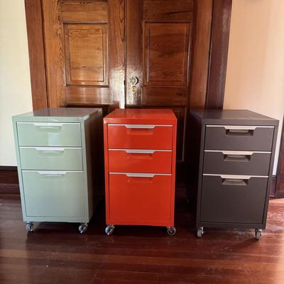 Three Multi-Colored File Cabinets (UO-DZ)