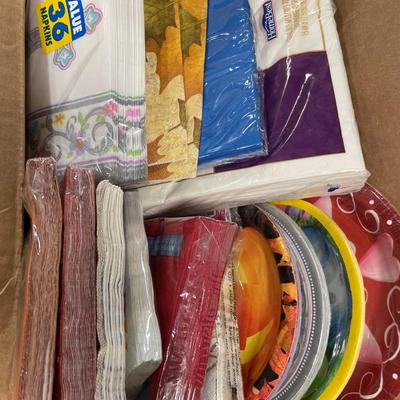 Box of paper plates/napkins and cloth napkins