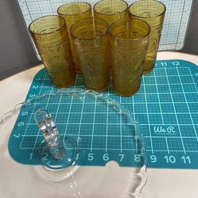 6 Indiana amber glass drinking glasses and clear platter