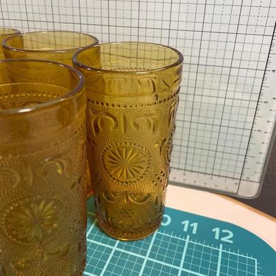 6 Indiana amber glass drinking glasses and clear platter