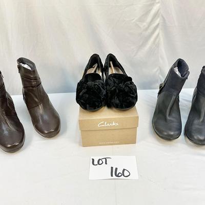 Lot C 160. Two Pair of Clark’s Ankle Boots Sizes 8.5 & One NIB Black Velvet Flats