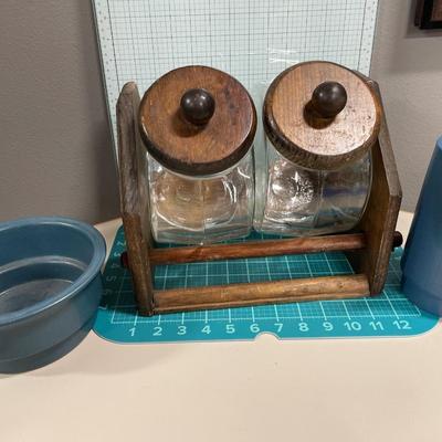 Wood canister set with blue stoneware