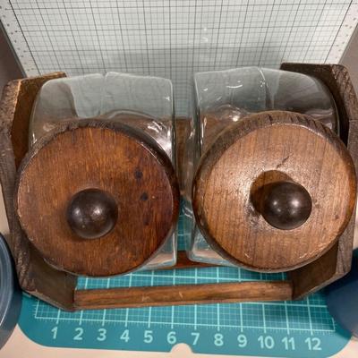 Wood canister set with blue stoneware
