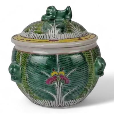 Custom Hand-Painted Chinese Bok Choy Cabbage Pattern Canister With Signature and Foo Dog Handles, Jingdezhen Porcelain