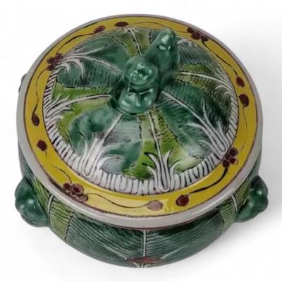 Custom Hand-Painted Chinese Bok Choy Cabbage Pattern Canister With Signature and Foo Dog Handles, Jingdezhen Porcelain