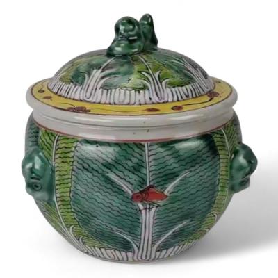 Custom Hand-Painted Chinese Bok Choy Cabbage Pattern Canister With Signature and Foo Dog Handles, Jingdezhen Porcelain