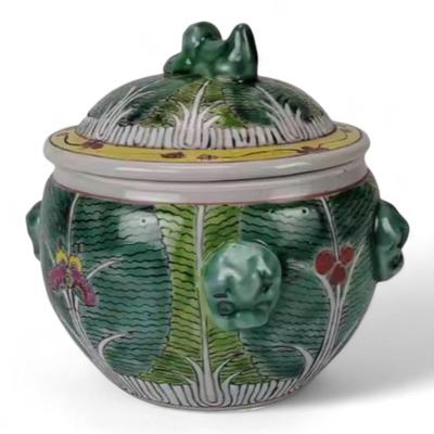 Custom Hand-Painted Chinese Bok Choy Cabbage Pattern Canister With Signature and Foo Dog Handles, Jingdezhen Porcelain