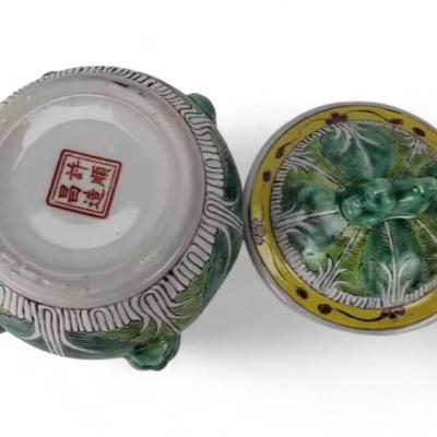 Custom Hand-Painted Chinese Bok Choy Cabbage Pattern Canister With Signature and Foo Dog Handles, Jingdezhen Porcelain