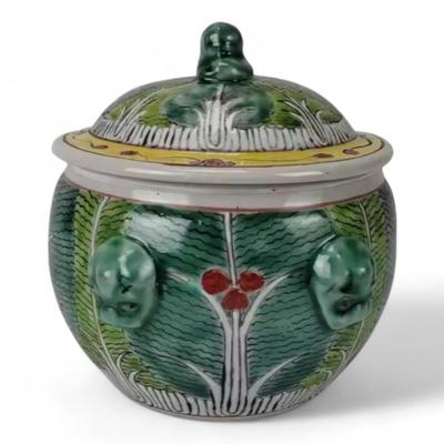 Custom Hand-Painted Chinese Bok Choy Cabbage Pattern Canister With Signature and Foo Dog Handles, Jingdezhen Porcelain