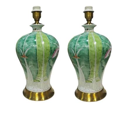 Pair of Hand Painted Chinese Bok Choy Cabbage Glazed Porcelain Table Lamp