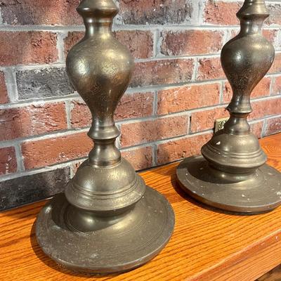 Pair of Etched Brass Floor Candle Holders