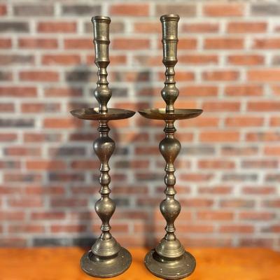 Pair of Etched Brass Floor Candle Holders