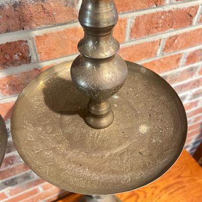 Pair of Etched Brass Floor Candle Holders