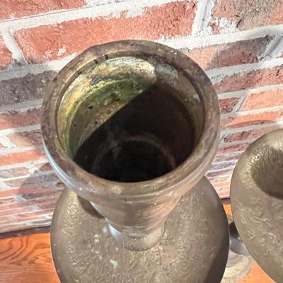 Pair of Etched Brass Floor Candle Holders