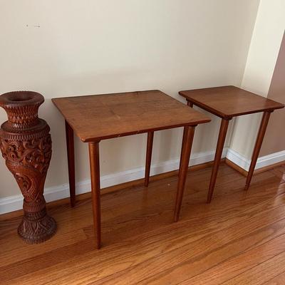 MCM Teak Nesting Side Tables & Carved Wood Vase