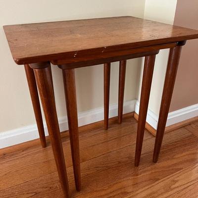 MCM Teak Nesting Side Tables & Carved Wood Vase