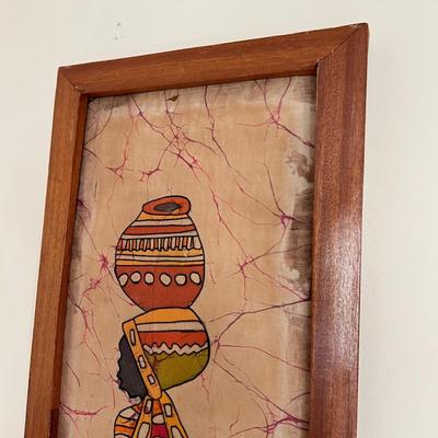 2 Vintage MCM Framed Batik Hand Painted Fabric Wall Art 1’x3’