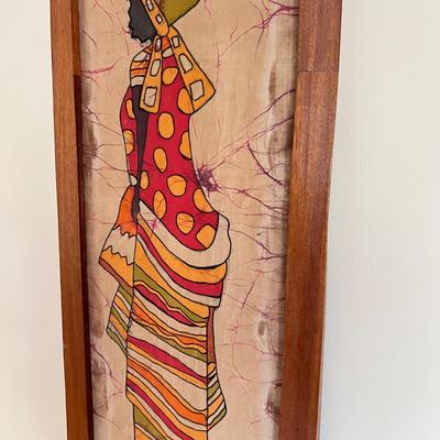 2 Vintage MCM Framed Batik Hand Painted Fabric Wall Art 1’x3’
