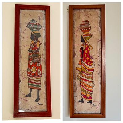 2 Vintage MCM Framed Batik Hand Painted Fabric Wall Art 1’x3’