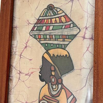 2 Vintage MCM Framed Batik Hand Painted Fabric Wall Art 1’x3’