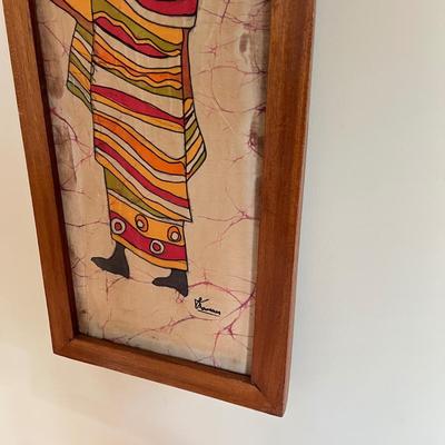 2 Vintage MCM Framed Batik Hand Painted Fabric Wall Art 1’x3’