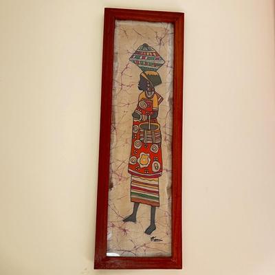 2 Vintage MCM Framed Batik Hand Painted Fabric Wall Art 1’x3’