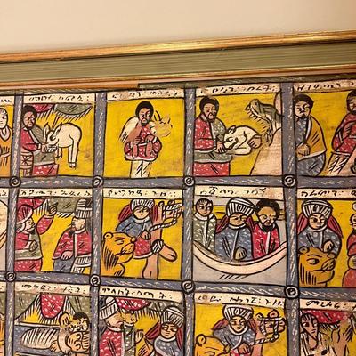 Large Vintage Ethiopian Painting on Wood King Solomon Narrative 23”x53”