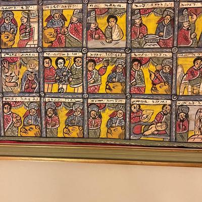 Large Vintage Ethiopian Painting on Wood King Solomon Narrative 23”x53”