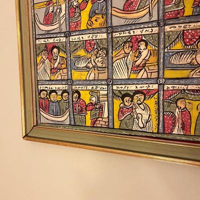 Large Vintage Ethiopian Painting on Wood King Solomon Narrative 23”x53”