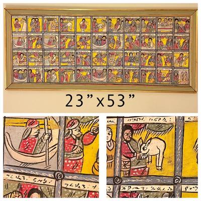 Large Vintage Ethiopian Painting on Wood King Solomon Narrative 23”x53”