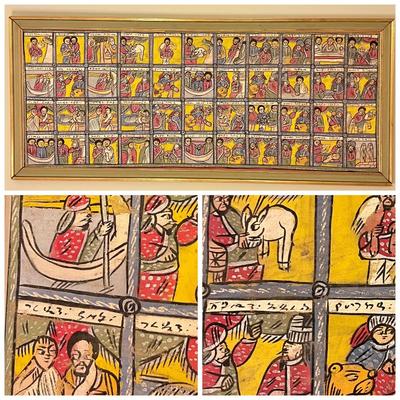 Large Vintage Ethiopian Painting on Wood King Solomon Narrative 23”x53”