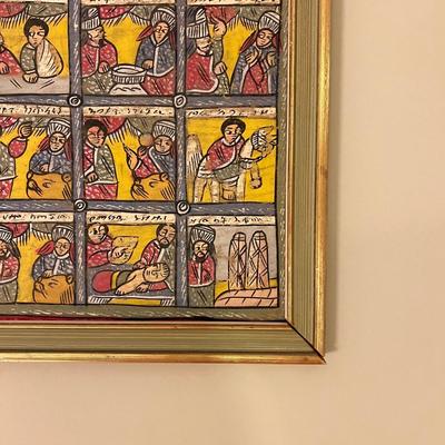 Large Vintage Ethiopian Painting on Wood King Solomon Narrative 23”x53”
