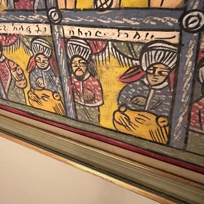 Large Vintage Ethiopian Painting on Wood King Solomon Narrative 23”x53”