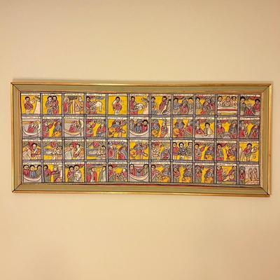 Large Vintage Ethiopian Painting on Wood King Solomon Narrative 23”x53”