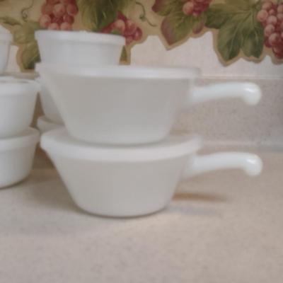 Collection of Milk Glass Bakeware- Casserole Dish, Custard Cups with Lids, and Handled Soup Bowls with Lids
