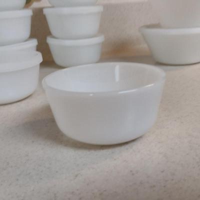 Collection of Milk Glass Bakeware- Casserole Dish, Custard Cups with Lids, and Handled Soup Bowls with Lids