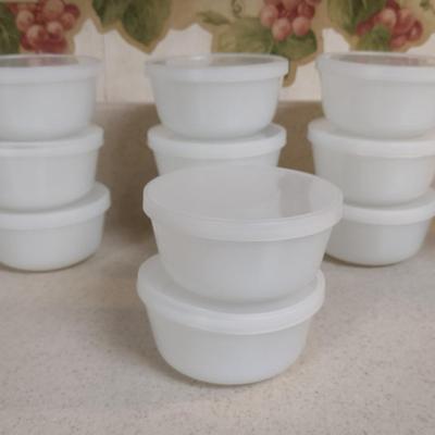 Collection of Milk Glass Bakeware- Casserole Dish, Custard Cups with Lids, and Handled Soup Bowls with Lids