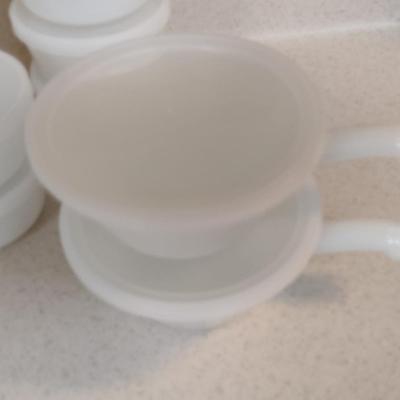 Collection of Milk Glass Bakeware- Casserole Dish, Custard Cups with Lids, and Handled Soup Bowls with Lids