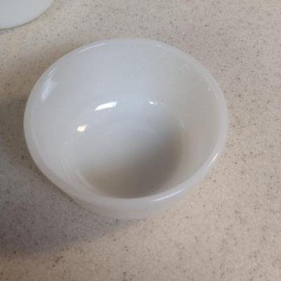 Collection of Milk Glass Bakeware- Casserole Dish, Custard Cups with Lids, and Handled Soup Bowls with Lids