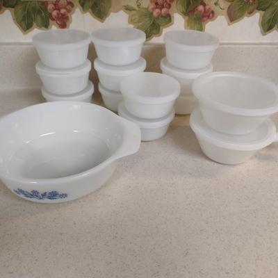 Collection of Milk Glass Bakeware- Casserole Dish, Custard Cups with Lids, and Handled Soup Bowls with Lids