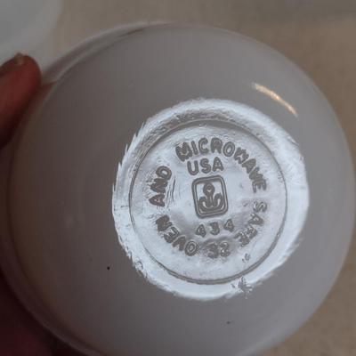 Collection of Milk Glass Bakeware- Casserole Dish, Custard Cups with Lids, and Handled Soup Bowls with Lids